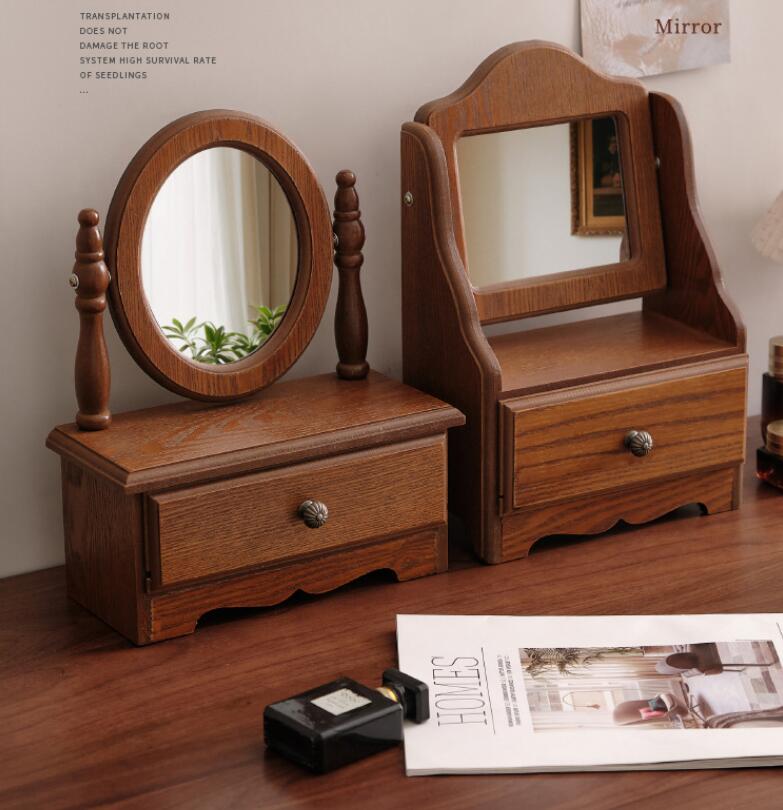 鏡 卓上ミラー 木製 かがみ アクセサリーケース ジュエリーボックス デスクミラー 卓上鏡 メイク スタ..