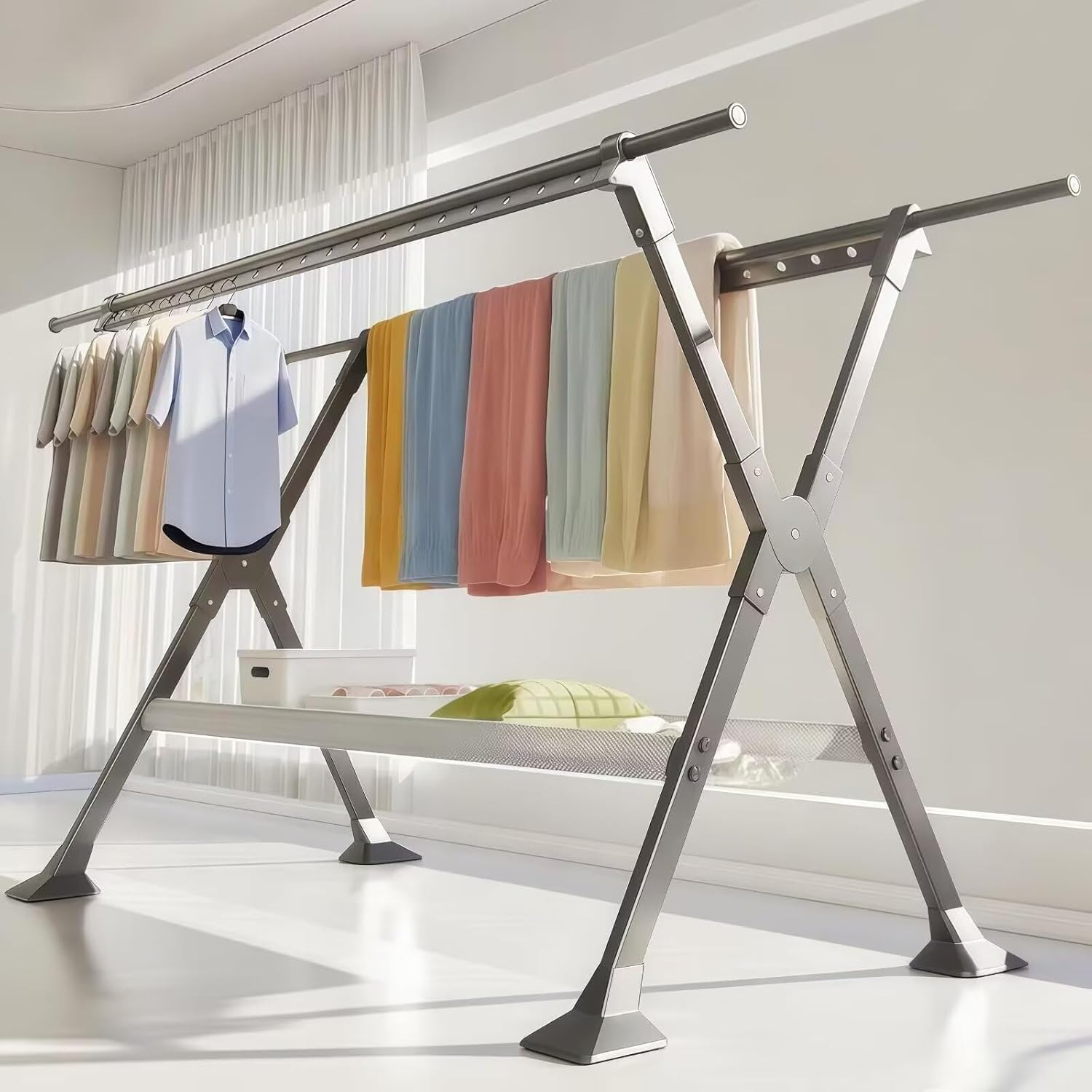 物干しスタンド 多機能 折りたたみ式 X型 室内・屋外兼用 布団干し 洗濯物干し 高さ調整可能 長さ伸縮 ..
