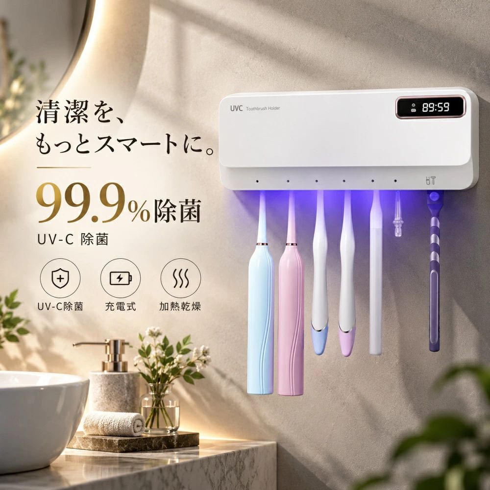 UV-C 歯ブラシホルダー 毎日の歯ブラシを、すっきり衛生的に。 UV-Cケア / 送風・温風乾燥 / 最大7本収納 USB充電 / 2000mAh / 壁掛け式 UV-Cケア UV-Cライトを搭載し、使用後の歯ブラシの衛生管理をサポート。 カバーを開けると運転が停止する安全性に配慮した設計です。 送風＆温風乾燥 送風と温風機能で、使用後に残りやすい湿気を乾かしやすくします。 毎日の洗面まわりのお手入れに便利です。 最大7本収納 歯ブラシ5本、歯間ブラシ1本、カミソリ1本を収納可能。 ご家族分をまとめて整理できます。 自動ケアモード 設定時間内に一定間隔で自動運転。 毎回操作する手間を減らし、日々の衛生管理をサポートします。 USB充電式 2000mAhバッテリーを搭載。 フル充電時は最長約30日使用できます。 穴あけ不要の壁掛け式 付属の粘着パーツで、対応する滑らかな壁面へ設置可能。 洗面台まわりをすっきり整理し、スペースを有効活用できます。 商品仕様 商品タイプ 壁掛け歯ブラシホルダー 収納本数 最大7本 収納目安 歯ブラシ5本 / 歯間ブラシ1本 / カミソリ1本 主な機能 UV-Cケア / 送風 / 温風乾燥 バッテリー 2000mAh 充電方式 USB充電式 使用期間目安 フル充電で最長約30日 設置方法 粘着式壁掛け 耐荷重 最大約3kg 保証期間 1年間 洗面まわりをすっきり整理 歯ブラシ ・ 歯間ブラシ ・ カミソリ 家族用 ・ 洗面台 ・ 毎日の身支度 1年保証付き 保証内容に基づき、ご購入後のサポートに対応いたします。 ※UV-Cライトを直接のぞき込まないでください。 ※本製品は歯ブラシ等の衛生管理をサポートする家庭用品であり、医療機器ではありません。 ※使用状態や環境により、乾燥状態や使用感は異なります。 ※温風機能は電源接続時のみ使用できる場合があります。販売仕様をご確認ください。 ※使用期間は、使用回数・運転モード・バッテリー状態等により異なります。 ※設置前に壁面の水分・油分・ホコリを取り除いてください。 ※凹凸面、はがれやすい壁紙、濡れた壁面などには設置しないでください。 ※取り付け後は十分に固定されていることを確認してからご使用ください。 ※仕様・デザイン・付属品は製品改良のため変更となる場合があります。UV-C 歯ブラシホルダー 毎日の歯ブラシを、すっきり衛生的に。 UV-Cケア / 送風・温風乾燥 / 最大7本収納 USB充電 / 2000mAh / 壁掛け式 UV-Cケア UV-Cライトを搭載し、使用後の歯ブラシの衛生管理をサポート。 カバーを開けると運転が停止する安全性に配慮した設計です。 送風＆温風乾燥 送風と温風機能で、使用後に残りやすい湿気を乾かしやすくします。 毎日の洗面まわりのお手入れに便利です。 最大7本収納 歯ブラシ5本、歯間ブラシ1本、カミソリ1本を収納可能。 ご家族分をまとめて整理できます。 自動ケアモード 設定時間内に一定間隔で自動運転。 毎回操作する手間を減らし、日々の衛生管理をサポートします。 USB充電式 2000mAhバッテリーを搭載。 フル充電時は最長約30日使用できます。 穴あけ不要の壁掛け式 付属の粘着パーツで、対応する滑らかな壁面へ設置可能。 洗面台まわりをすっきり整理し、スペースを有効活用できます。 商品仕様 商品タイプ 壁掛け歯ブラシホルダー 収納本数 最大7本 収納目安 歯ブラシ5本 / 歯間ブラシ1本 / カミソリ1本 主な機能 UV-Cケア / 送風 / 温風乾燥 バッテリー 2000mAh 充電方式 USB充電式 使用期間目安 フル充電で最長約30日 設置方法 粘着式壁掛け 耐荷重 最大約3kg 保証期間 1年間 洗面まわりをすっきり整理 歯ブラシ ・ 歯間ブラシ ・ カミソリ 家族用 ・ 洗面台 ・ 毎日の身支度 1年保証付き 保証内容に基づき、ご購入後のサポートに対応いたします。 ※UV-Cライトを直接のぞき込まないでください。 ※本製品は歯ブラシ等の衛生管理をサポートする家庭用品であり、医療機器ではありません。 ※使用状態や環境により、乾燥状態や使用感は異なります。 ※温風機能は電源接続時のみ使用できる場合があります。販売仕様をご確認ください。 ※使用期間は、使用回数・運転モード・バッテリー状態等により異なります。 ※設置前に壁面の水分・油分・ホコリを取り除いてください。 ※凹凸面、はがれやすい壁紙、濡れた壁面などには設置しないでください。 ※取り付け後は十分に固定されていることを確認してからご使用ください。 ※仕様・デザイン・付属品は製品改良のため変更となる場合があります。
