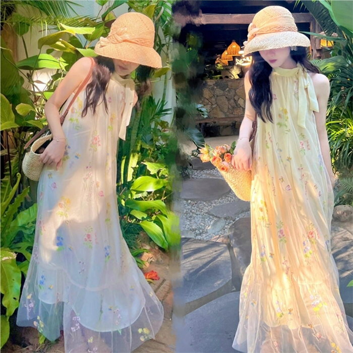 樂天商城 - ベージュワンピース 袖なし 夏用 夏服 レディース ゆったり レース刺繍豪華 リゾート タンクトップワンピース ビーチ ノースリーブ ハワイアン 旅行 ロング 大人 夏物 海デート