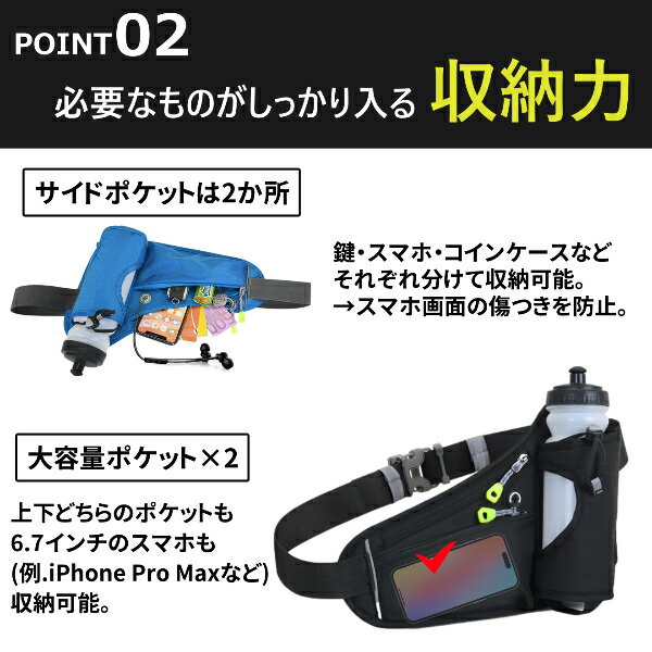 T-MART　SHOPのランニングポーチ 揺れない スマホ ボトルポーチ 反射 ウエストポーチ ボトル 軽量 撥水 スマホ ボディバッグ 大容量 iphone リフレクター ランニングバッグ ペットボトル ジョギング 男女兼用 ボトルポーチ ボトルホルダー ウォーキング 登山 送料無料｜アングル3