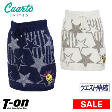 【20%OFF SALE】クアルトユナイテッド Cuarto UNITED レディース スカート ニットスカート ウエスト伸縮 裏地付き ラメ星柄 ニコちゃんワッペン 素材切り替え 2018 秋冬 新作 ゴルフウェア