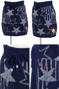 【20%OFF SALE】クアルトユナイテッド Cuarto UNITED レディース スカート ニットスカート ウエスト伸縮 裏地付き ラメ星柄 ニコちゃんワッペン 素材切り替え 2018 秋冬 新作 ゴルフウェア
