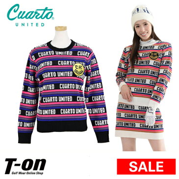 【20%OFF SALE】クアルトユナイテッド Cuarto UNITED レディース セーター クルーネックセーター ニット デジタルラインロゴ ジャガードデザイン ボーダー柄 スマイル風ワッペン付き 2018 秋冬 新作 ゴルフウェア