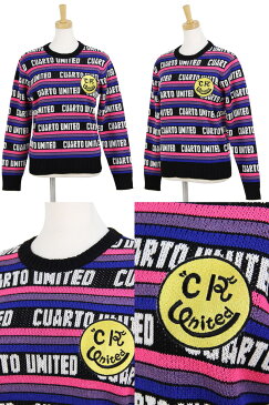 【20%OFF SALE】クアルトユナイテッド Cuarto UNITED レディース セーター クルーネックセーター ニット デジタルラインロゴ ジャガードデザイン ボーダー柄 スマイル風ワッペン付き 2018 秋冬 新作 ゴルフウェア