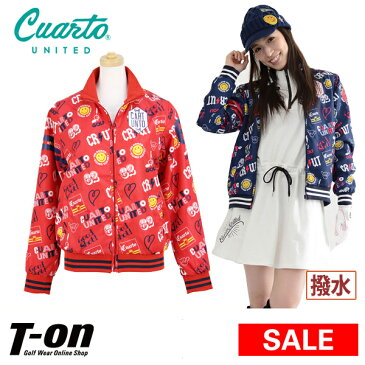 【20%OFF SALE】クアルトユナイテッド Cuarto UNITED レディース ブルゾン 撥水ブルゾン フルジップブルゾン オリジナル柄プリント スマイル ゴルフモチーフ ナンバリングデザイン 2018 秋冬 新作 ゴルフウェア