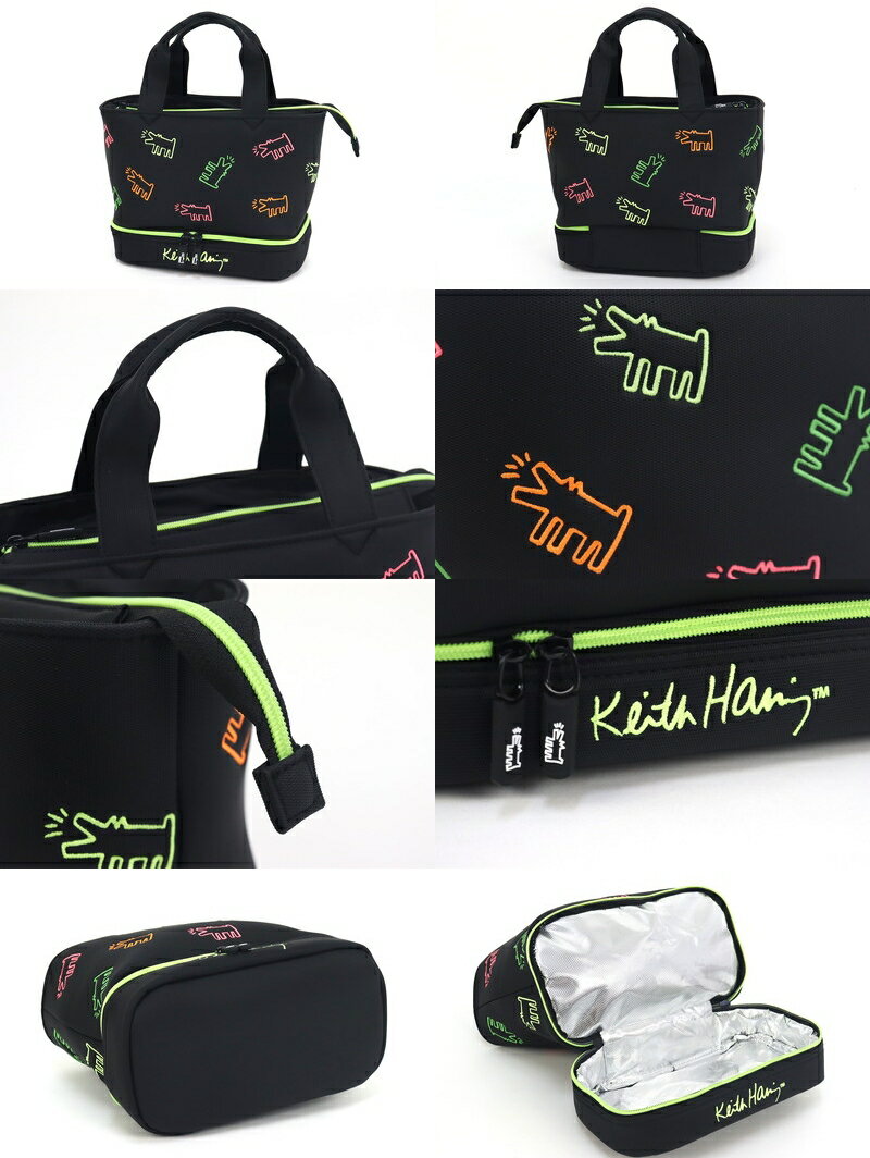 キース・ヘリング　Keith Haring　日本正規品 メンズ レディース カートバッグ ラウンドバッグ カートポーチ 保冷・保温機能付き 二段式 ドッグモチーフ ネオンカラー刺繍 2021 春夏 新作 ゴルフ