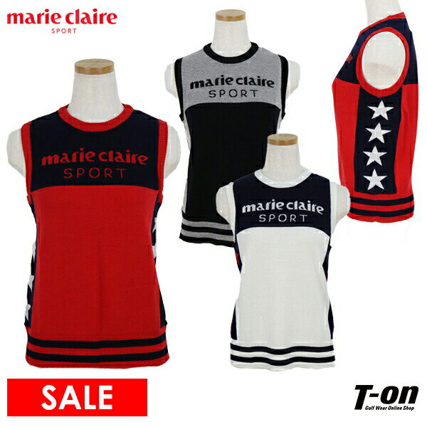 【30％OFF SALE】マリクレール マリ・クレール スポール marie claire sport レディース ベスト クルーネック ニットベスト 毛混 バイカラーデザイン ロゴジャガード スターモチーフ M〜3Lまで 2022 秋冬 新作 ゴルフウェア