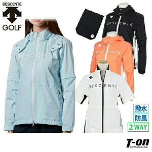 【30％OFF SALE】デサントゴルフ デサント DESCENTE GOLF レディース レインウェア レインブルゾン レインジャケット 半袖にもなる フード取り外し可 ストレッチ 総裏地付き 配色デザイン ロゴプリント 【送料無料】 ゴルフウェア