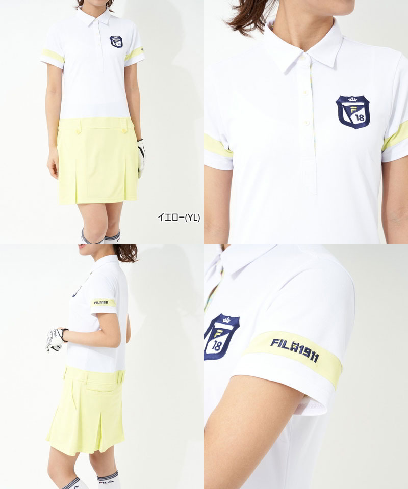 【30％OFF SALE】フィラ フィラゴルフ FILA GOLF レディース ワンピース 半袖 衿付きワンピース UVカット 接触冷感 吸汗速乾 ストレッチ スカート部ボックスブリーツデザイン エンブレム調刺繍 2022 春夏 新作 ゴルフウェア