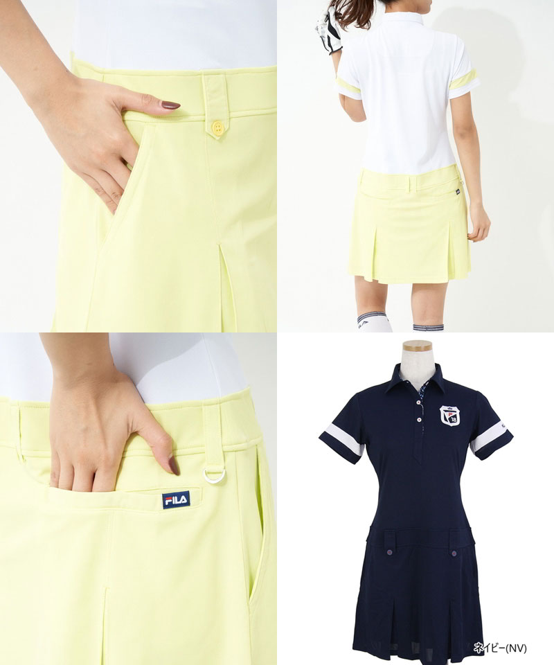 【30％OFF SALE】フィラ フィラゴルフ FILA GOLF レディース ワンピース 半袖 衿付きワンピース UVカット 接触冷感 吸汗速乾 ストレッチ スカート部ボックスブリーツデザイン エンブレム調刺繍 2022 春夏 新作 ゴルフウェア