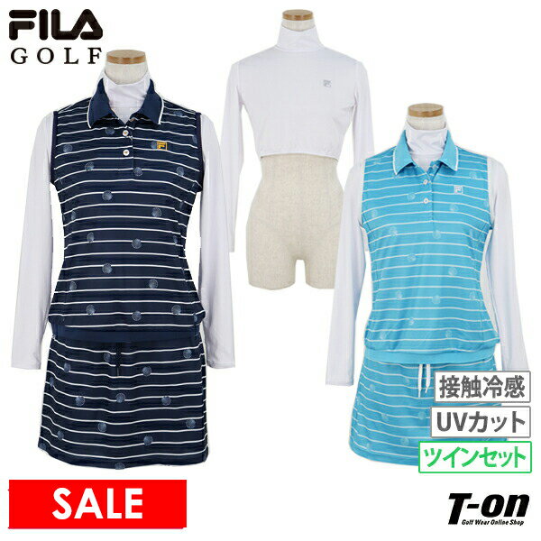 【30％OFF SALE】フィラ フィラゴルフ FILA GOLF レディース ワンピース ノースリーブ ハイネック長袖インナーシャツ付 UVカット ストレッチ 遮熱 ボーダー柄 シェル柄 3WAY 2022 春夏 新作 ゴルフウェア