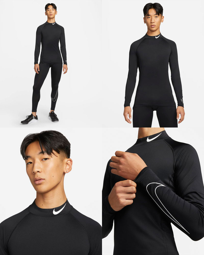 ナイキ NIKE 日本正規品 メンズ インナーシャツ 長袖 ハイネックシャツ モックネックシャツ アンダーウェア 部分メッシュ切替 袖ロゴプリント タイトフィット