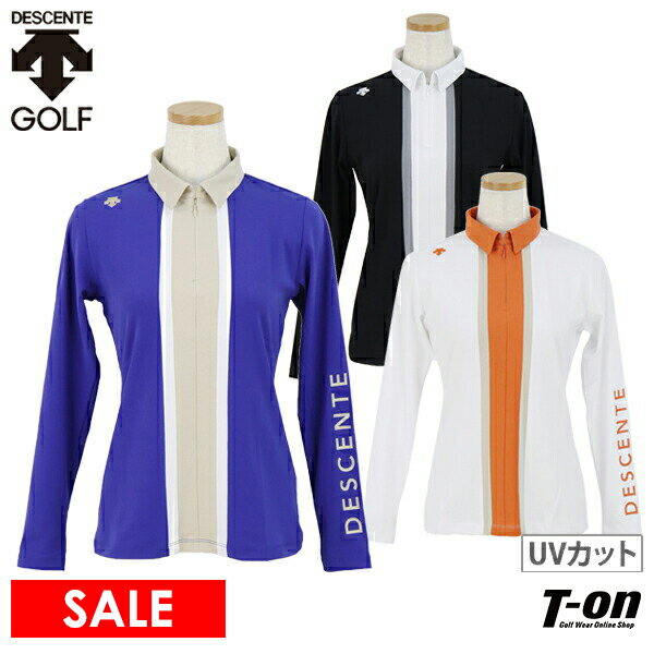 【30％OFF SALE】デサントゴルフ デサント DESCENTE GOLF レディース ポロシャツ 長袖 ハーフジップアップ UVカット 鹿の子素材 配色デザイン カラー切替 袖ロゴプリント 【送料無料】 ゴルフウェア