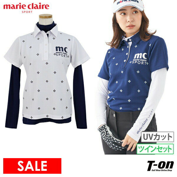 【40％OFF SALE】マリクレール マリ・クレール スポール marie claire sport レディース ポロシャツ＆ハイネックシャツ インナー付き半袖ポロシャツ ツインセット UVカット 吸汗速乾 飛び柄 ロゴ刺繍 ゴルフウェア