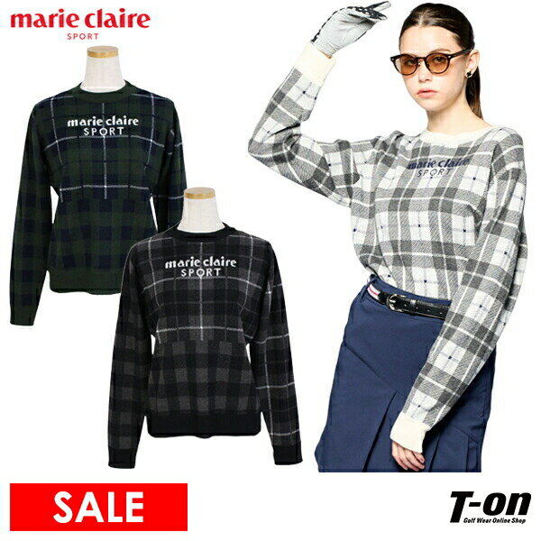 【40％OFF SALE】マリクレール マリ・クレール スポール marie claire sport レディース セーター クルーネックセーター チェック柄 切替デザイン ロゴジャガード ゴルフウェア