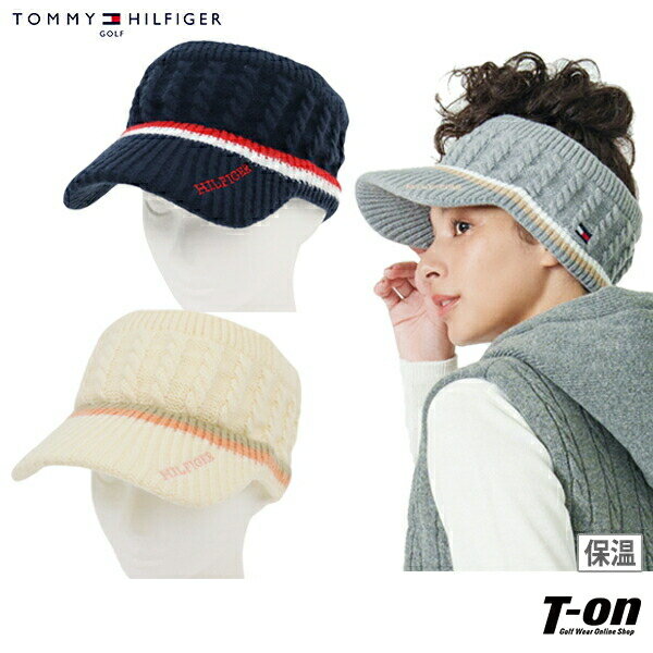 トミー ヒルフィガー ゴルフ TOMMY HILFIGER GOLF 日本正規品 レディース サンバイザー ニット素材 裏ボア 保温 ケーブル編み 配色ラインデザイン ロゴ刺繍 ゴルフ