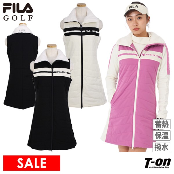 フィラ フィラゴルフ FILA GOLF レディース ワンピース ノースリーブ 中綿入り カバーワンピース ジャンバースカート 保温 蓄熱裏地付き ストレッチ ボア衿 ロゴプリント 【送料無料】 2023 秋冬 新作 ゴルフウェア