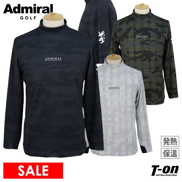 【30％OFF SALE】アドミラルゴルフ Admiral Golf 日本正規品 メンズ ハイネックシャツ 長袖 ストレッチ 裏微起毛 発熱 保温 カモフラ柄 総柄 ロゴプリント モックネック ゴルフウェア