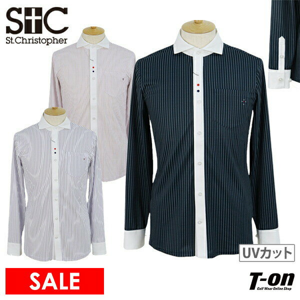 【30％OFF SALE】セントクリストファー St.Christopher メンズ カジュアルシャツ 長袖 ストレッチ UVカット 吸水速乾 クレリックシャツ風 ストライプ柄 ホリゾンタルカラー 胸ポケット付き トリコロール刺繍 【送料無料】 ゴルフウェア