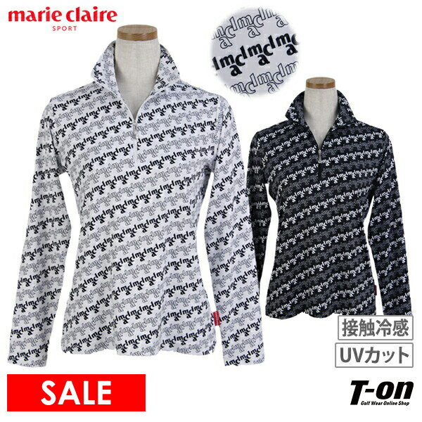 【30％OFF SALE】マリクレール マリ・クレール スポール marie claire sport レディース ポロシャツ 長袖 ハープジップシャツ ハイネック UVカット 接触冷感 ロゴ総柄 ゴルフウェア