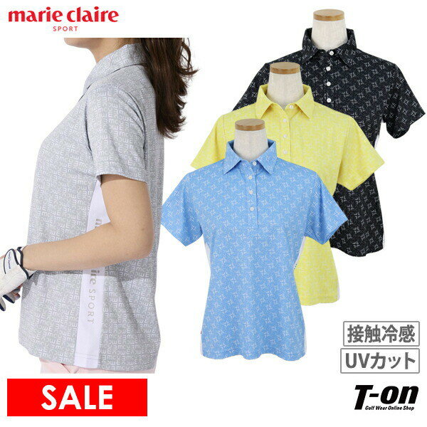 【30％OFF SALE】マリクレール マリ・クレール スポール marie claire sport レディース ポロシャツ 半袖 UVカット 接触冷感 吸汗速乾 総柄 ロゴ柄 配色ライン切替え ロゴプリント M～3Lまでご…