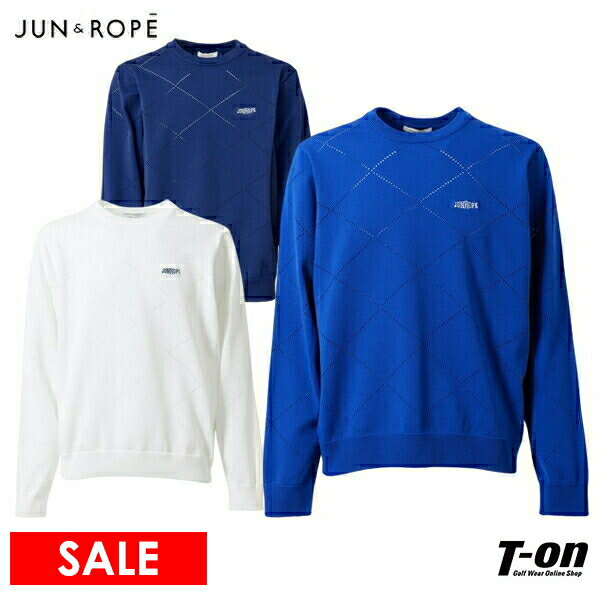 【30％OFF SALE】ジュン＆ロペ ジュンアンドロペ JUN＆ROPE メンズ セーター クルーネック長袖ニットプルオーバー メッシュダイヤ柄 ロゴ刺繍 【送料無料】 ゴルフウェア