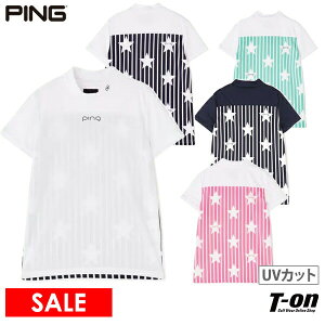 【40％OFF SALE】ピン PING レディース ハイネックシャツ 半袖 モックネックシャツ UVカット ストレッチ ストライプスター柄 バックプリント 2023 春夏 新作 ゴルフウェア