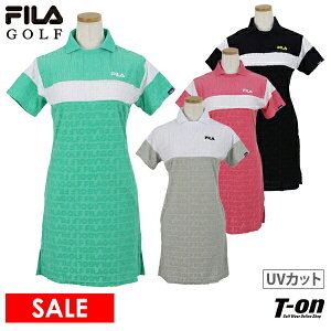 【30％OFF SALE】フィラ フィラゴルフ FILA GOLF レディース ワンピース 半袖 スキッパーポロワンピース UVカット 配色切替 パイル地 タイポグラフィロゴジャガード 2023 春夏 新作 ゴルフウェア