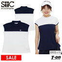 楽天【T-on】ティーオン【30％OFF SALE】セントクリストファー St.Christopher レディース ハイネックシャツ 半袖 ノースリーブシャツ モックネックシャツ UVカット バイカラーデザイン ラインストーンロゴ ゴルフウェア