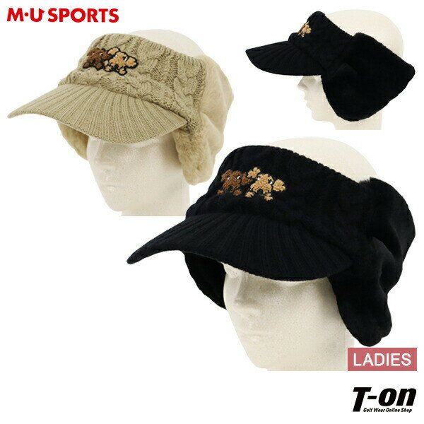 MUスポーツ エムユー スポーツ M.U SPORTS MUSPORTS レディース サンバイザー 耳当て付 ニットバイザー シュシュ刺繍 ケーブル編み フェイクファー イヤーウォーマー一体型 2024 秋冬 新作 ゴルフ