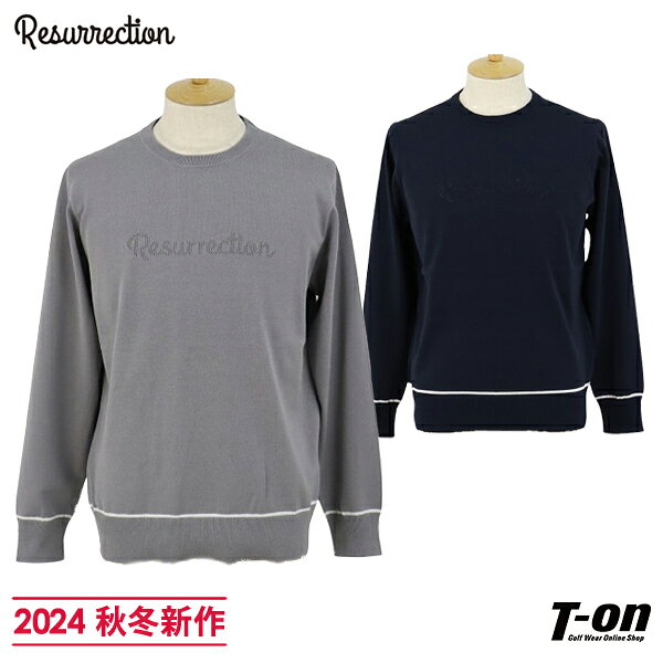 レザレクション Resurrection メンズ セーター クルーネック ニットプルオーバー 前後ロゴデザイン 配色ライン 薄手ニット素材 【送料無料】 2024 秋冬 新作 ゴルフウェア