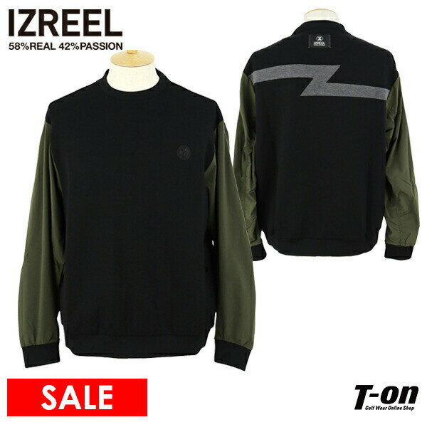 イズリール IZREEL メンズ トレーナー クルーネック ダンボールニット×ストレッチタフタ素材 異素材コンビ 配色デザイン 袖シャーリング ロゴワッペン 【送料無料】 2024 秋冬 新作 ゴルフウェア
