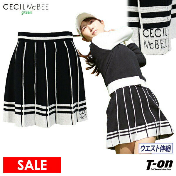 【30％OFF SALE】CECIL McBEE green セシルマクビー グリーン レディース スカート プリーツニットスカート フレアスカート ウエスト伸縮 配色ライン バイカラーデザイン ロゴ刺繍 ゴルフウェア