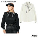 ミラーナインゴルフ MIRROR9GOLF レディース カジュアルシャル 長袖 コットン混紡素材 ストレッチ スナップボタン仕様 パフスリーブ ボリューム袖 リボンタイ ロゴデザイン 【送料無料】 ゴルフウェア