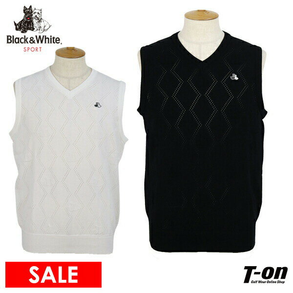 【50％OFF SALE】ブラック＆ホワイト Black＆White メンズ ベスト Vネックニットベスト 手洗い可 ダイヤ柄 テリア柄 メッシュ編み 鹿の子編み 前後編地切替デザイン 【送料無料】 ゴルフウェア