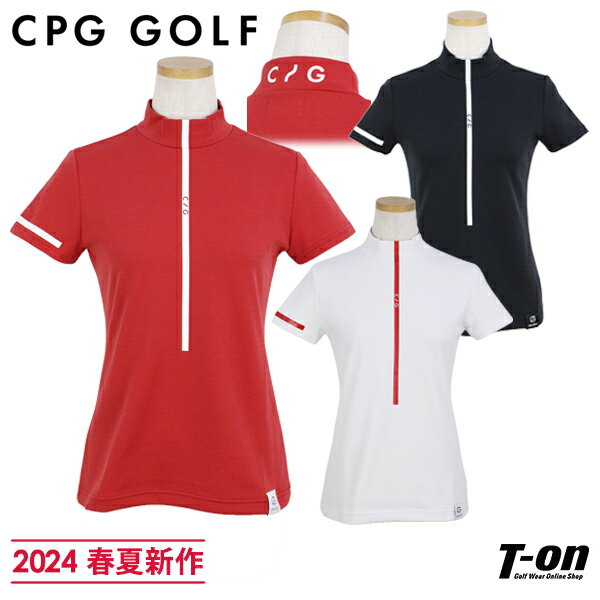 シーピージー ゴルフ CPG GOLF レディース ハイネックシャツ 半袖 モックネックシャツ UVカット ストレッチ フロントラインプリント  2024 春夏 新作 ゴルフウェア