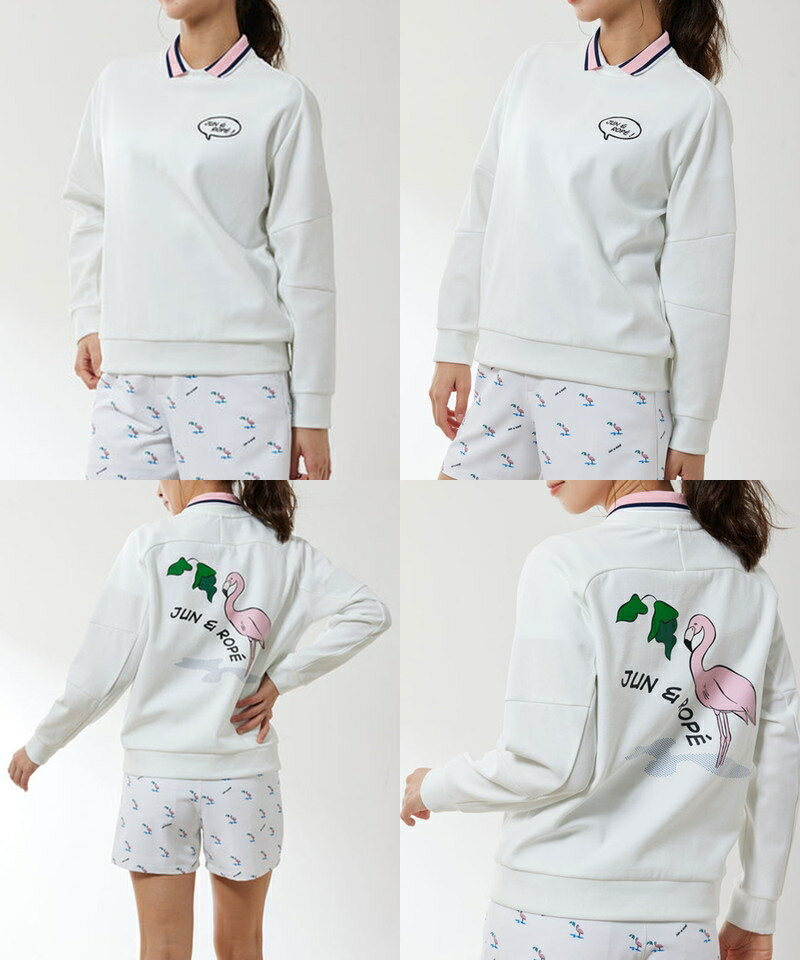 【30％OFF SALE】ジュン＆ロペ ジュンアンドロペ JUN＆ROPE レディース トレーナー クルーネック スウェットプルオーバー 吸水速乾 切替デザイン グラフィックフラミンゴ柄 【送料無料】 ゴルフウェア