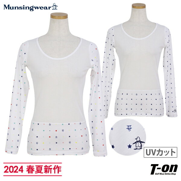 【ポイント10倍 5/21 12:59迄】マンシングウェア Munsingwear レディース インナーシャツ ラウンドネック アンダーウェア メッシュ素材切替 部分UVカット ロゴ＆スター柄プリント 2024 春夏 新作 ゴルフウェア