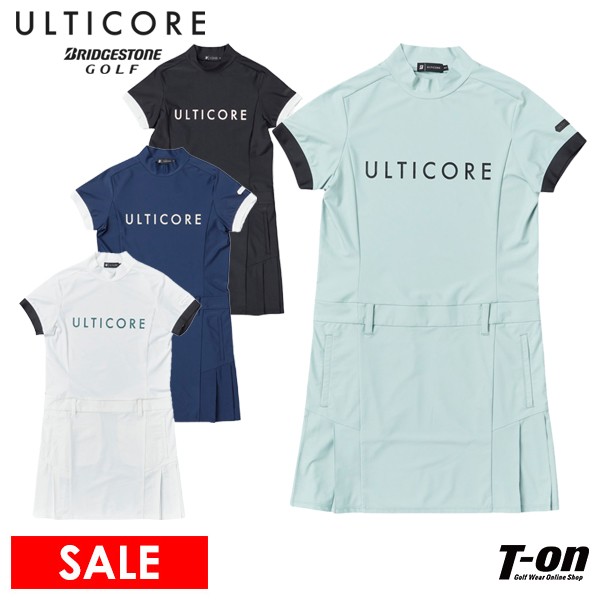 楽天【T-on】ティーオンアルティコア ブリヂストン ゴルフ ULTICORE BRIDGESTONE GOLF レディース ワンピース 半袖 ハイネック モックネック ストレッチナイロン素材 サイドプリーツデザイン ウエスト切替 ロゴプリント 3Lまでご用意 【送料無料】 2024 春夏 新作 ゴルフウェア