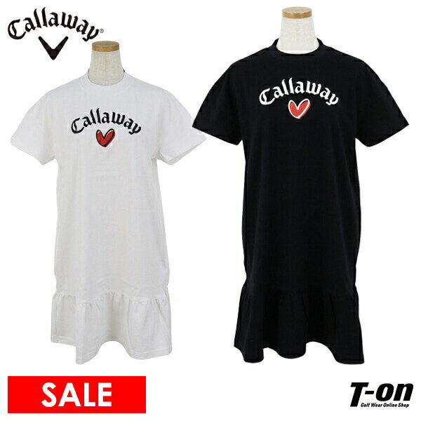 楽天【T-on】ティーオンキャロウェイ アパレル キャロウェイ ゴルフ Callaway APPAREL レディース ワンピース 半袖 低めハイネック ストレッチ ドロップショルダー 裾フリルデザイン ハートモチーフロゴプリント 【送料無料】 2024 春夏 新作 ゴルフウェア