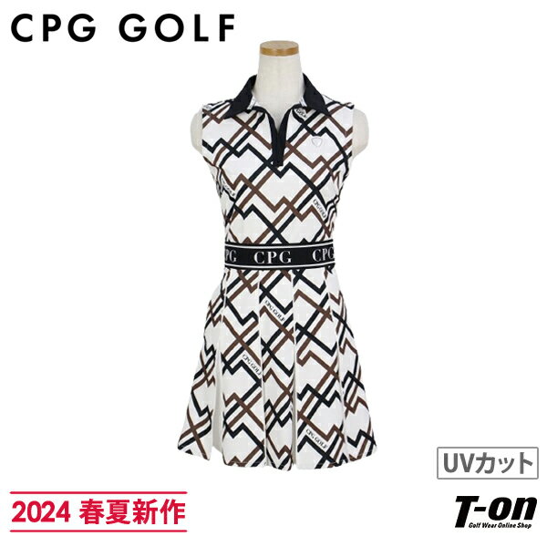 シーピージー ゴルフ CPG GOLF レディース ワンピース ノースリーブ スキッパー衿 UVカット 速乾 ストレッチ ジオメトリック柄 プリーツデザイン  2024 春夏 新作 ゴルフウェア