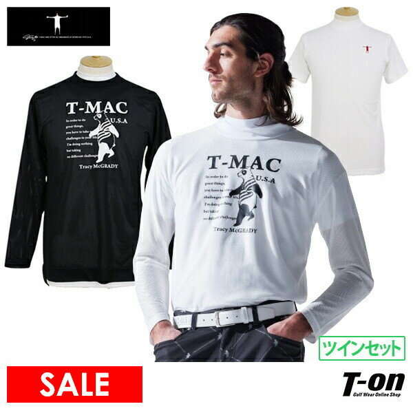 ティーマック T-MAC メンズ Tシャツ＆ハイネックシャツ 長袖メッシュ調Tシャツ＆半袖モックネックシャツ ツインセット インナー付きTシャツ ベアーモチーフプリント 【送料無料】 2024 春夏 新作 ゴルフウェア