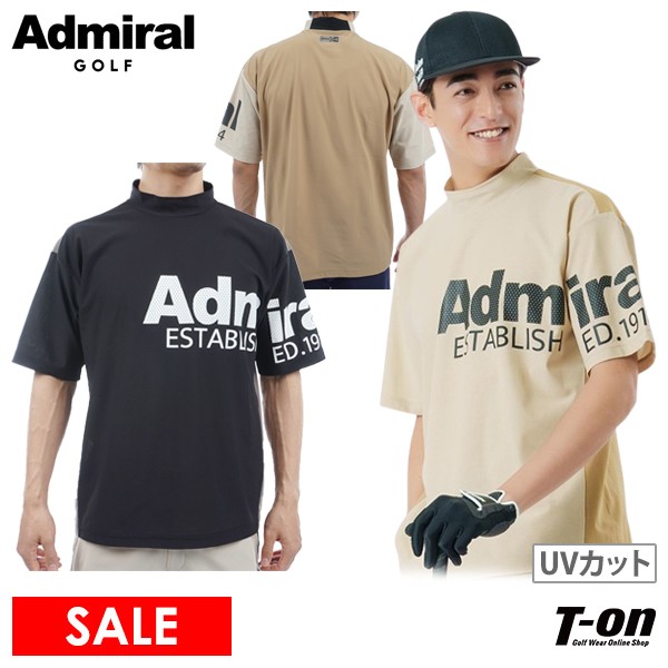 アドミラルゴルフ Admiral Golf 日本正規品 メンズ ハイネックシャツ 半袖 モックネックシャツ メッシュ調素材 吸水速乾 UVカット 高通気 配色切替デザイン ビッグロゴプリント  2024 春夏 新作 ゴルフウェア