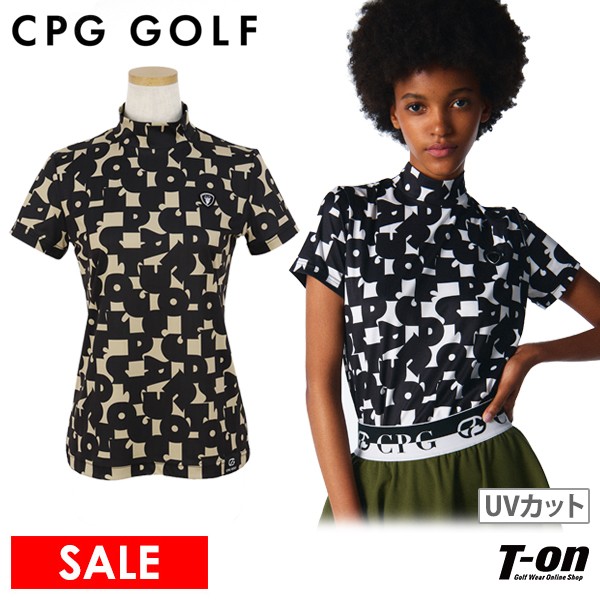 シーピージー ゴルフ CPG GOLF レディース ハイネックシャツ 半袖 モックネックシャツ UVカット 吸水速乾 ストレッチ タイポグラフィプリント 総柄  2024 春夏 新作 ゴルフウェア