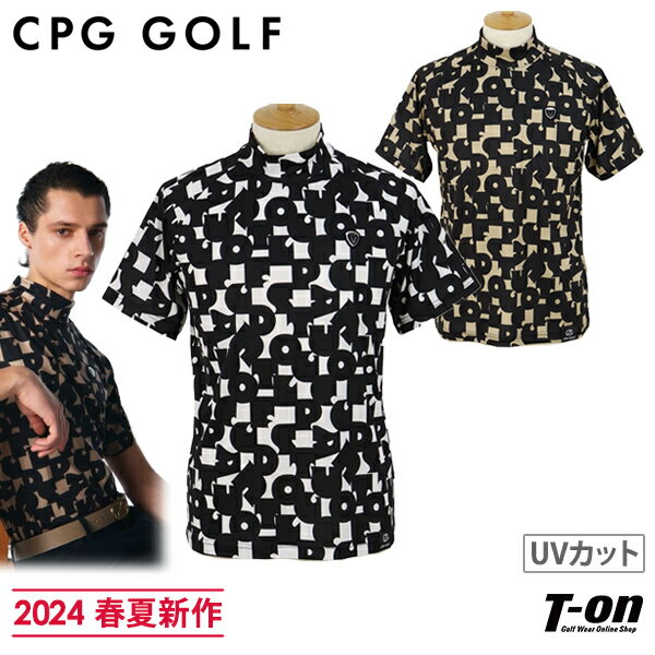 シーピージー ゴルフ CPG GOLF メンズ ハイネックシャツ 半袖 モックネックシャツ ラグラン袖 吸水速乾 UVカット タイポグラフィプリント 総柄  2024 春夏 新作 ゴルフウェア