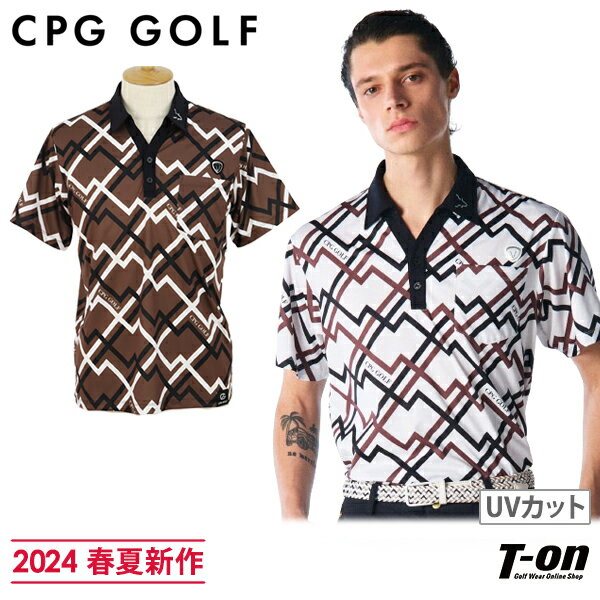 シーピージー ゴルフ CPG GOLF メンズ ポロシャツ 半袖 スキッパーポロシャツ 吸水速乾 UVカット 胸ポケット付き ジオメトリック柄 幾何学柄  2024 春夏 新作 ゴルフウェア