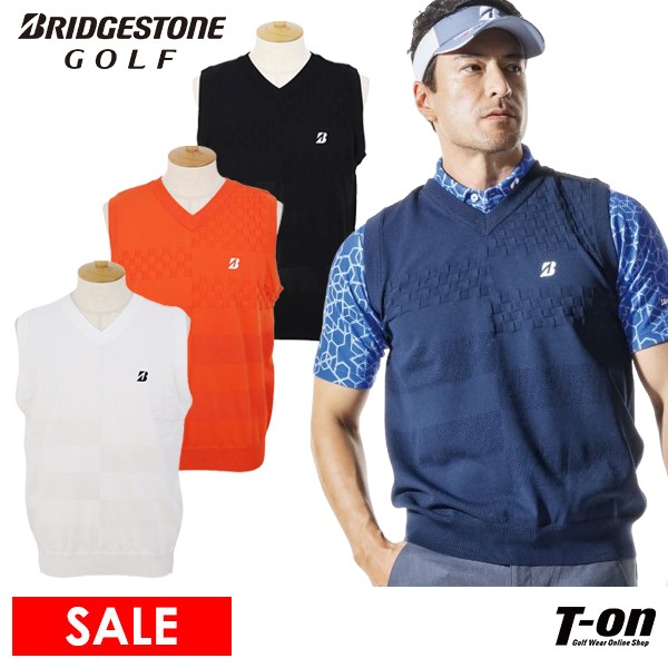 【30％OFF SALE】ブリヂストン ゴルフ BRIDGESTONE GOLF メンズ ベスト ニットベスト Vネック 編地デザイン 市松模様 メッシュ編み ロゴプリント M〜3Lまでご用意 ゴルフウェア