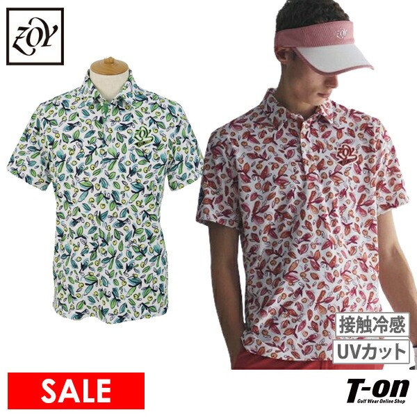 楽天【T-on】ティーオンゾーイ ZOY メンズ ポロシャツ 半袖 接触冷感 UVカット 吸水速乾 抗菌防臭 ボタニカル柄 ロゴワッペン 【送料無料】 2024 春夏 新作 ゴルフウェア