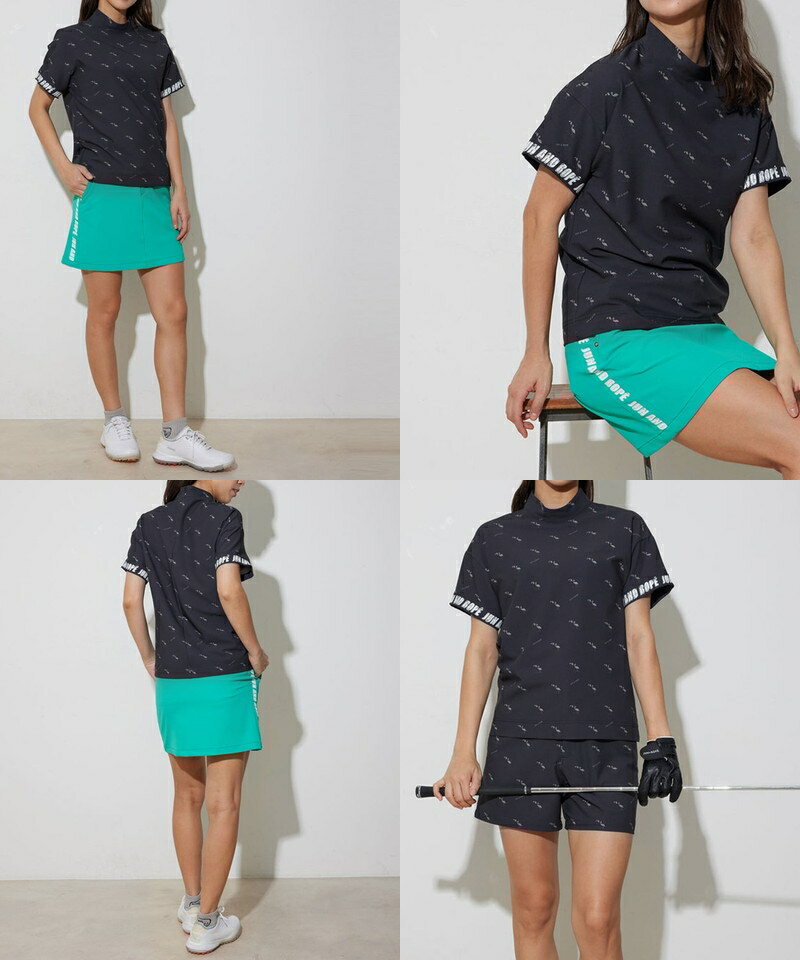 【30％OFF SALE】ジュン＆ロペ ジュンアンドロペ JUN＆ROPE レディース ハイネックシャツ 半袖 UVカット 接触冷感 モックネックシャツ ドロップショルダー デザイン フラミンゴ柄 飛び柄 【送料無料】 ゴルフウェア